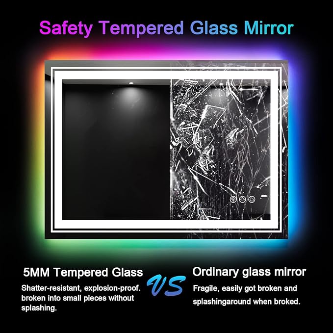 LED Mirror for Bathroom, 28"X36" with 8 RGB Backlit +3 Front Lit (Adjustable Individually), Anti-Fog, Lighted Bathroom Vanity Mirror for Wall, Shatterproof, Memory Function, Tempered Glass