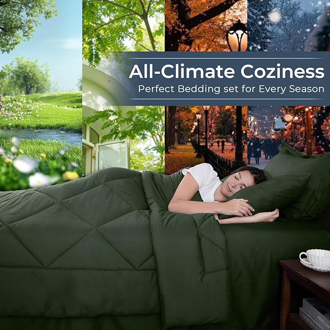 HEVUMYI Army Green King Comforter Set - 7-Piece All Season Bed in a Bag King, Ultra Soft Bedding Set with Comforter, Flat Sheet, Fitted Sheet, Pillowcases, Pillow Shams