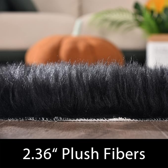 Latepis Black Faux Fur 4'x5'10" Area Rug, Soft Plush Faux Fur Sheepskin Rugs - Image 2