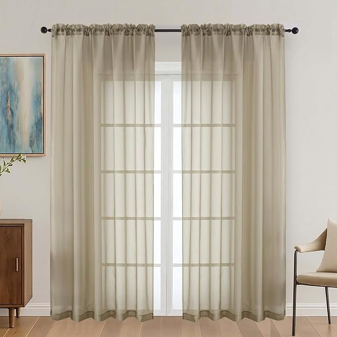 Taupe Sheer Curtains 72 Inches Long 2 Panels Set, Light Filtering Sheer Curtains by OVZME