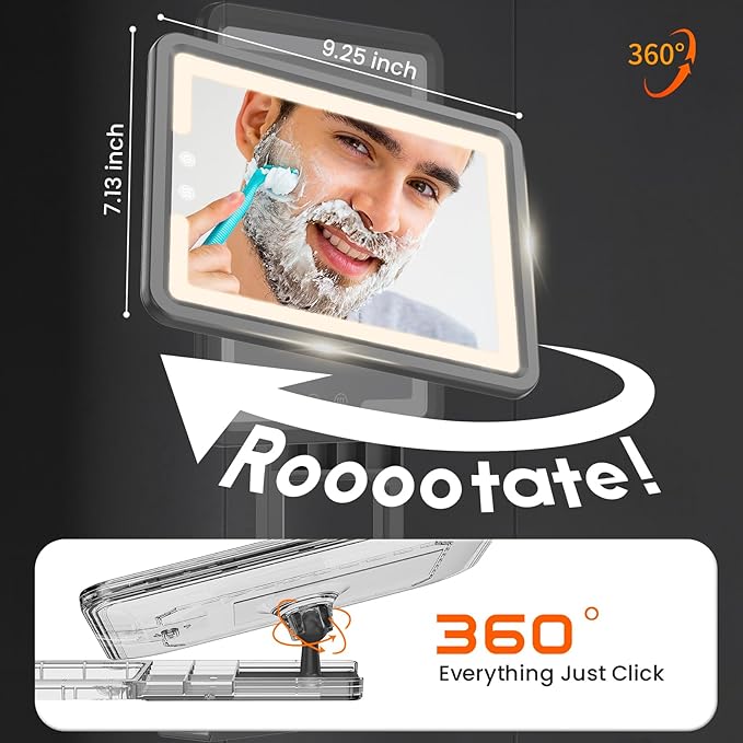LED Fogless Shower Mirror for Shaving - Heated Fog Free, 3 Dimmable Lights, 360° Adjustable, Rechargeable - with Storage Tray, Razor & Shaving Brush Holders, Gifts for Men