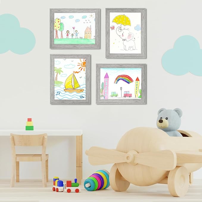 [3-Pack] Kids Art Frames, 8.5x11 Front Opening Kids Artwork Frames Changeable, Grey Wood Grain Artwork Display Storage Frame for Wall, Holds 50 Pcs, for 3D Picture, Crafts, Children Drawing, Hanging