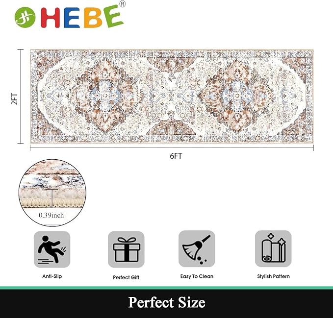 HEBE Hallway Runner Rug 2'x6', Washable Non Slip Kitchen Rug Runner | Soft Boho - Image 2