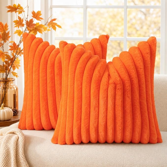 decorUhome Fall Faux Fur Throw Pillow Covers 24x24 Set of 2 Orange | Decorative by decorUhome