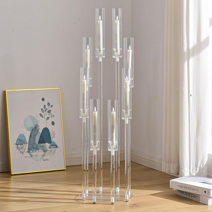 VINCIGANT 4PCS 8 Arms Clear Candelabra Candle Holder for Wedding Decorations,38.5 inches Tall Arcylic Candlesticks Holder with Shade for Table Dinner Party Fireplace Decoration