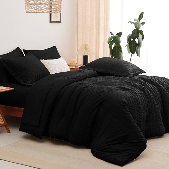 CozyLux Twin XL Comforter Set with Sheets Seersucker Black 5 Pieces Bed in a Bag, Twin Extra Long Luxury Soft Bedding Sets for College Dorm with Down Alternative Comforter, Sheets, Pillowcases & Shams
