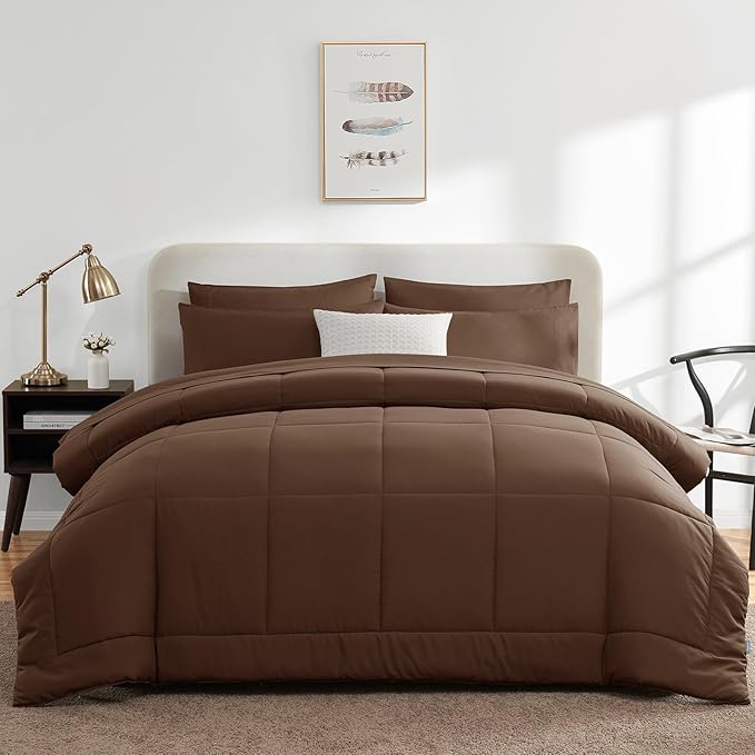 CozyLux King Size Comforter Set Brown, 7 Pieces Bed in a Bag, Brown Comforter King Size, All Season Bedding Sets with Stitch Quilted Comforter, Flat Sheet, Fitted Sheet, Pillowcases
