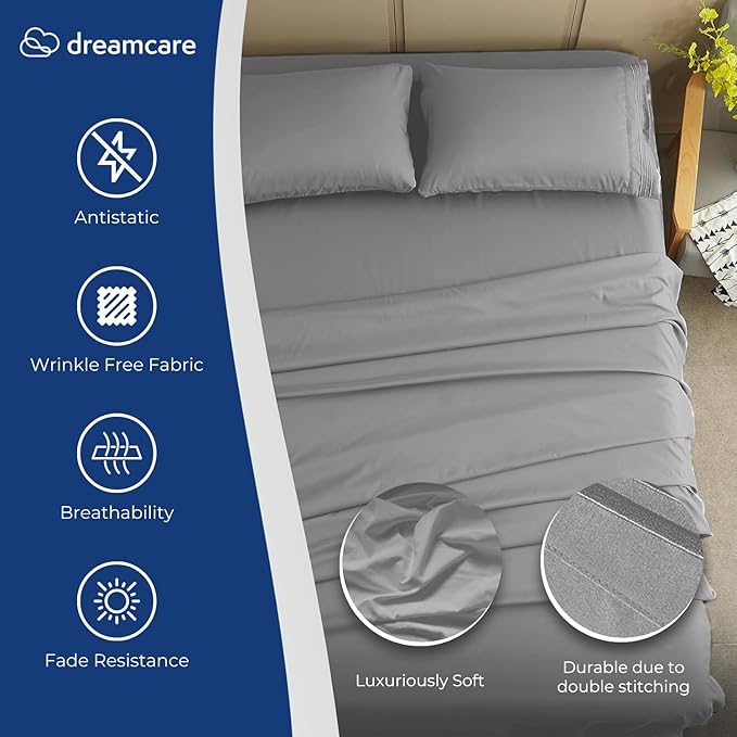 DREAMCARE King Size Sheets Set – 4 pcs Cooling Sheets – up to 21” Deep Pocket King Sheet Set – Hotel Luxury Sheets & Pillowcases – Superior Softness 100% Fine Microfiber with Side Pocket – Light Gray