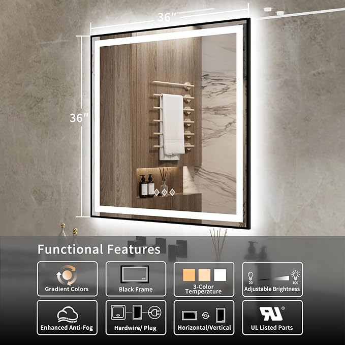 LED Mirror for Bathroom, 36x36 Inch Black Framed Gradient Front and Backlit LED Vanity Mirror, 3 Colors Dimmable CRI>90, IP54 Enhanced Anti-Fog Wall Mounted Lighted Bathroom Mirror