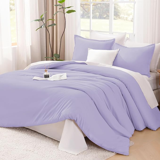 Litanika Lavender Purple Comforter King Size, 3 Pieces Lightweight Solid Bedding Comforter Set, All Season Fluffy Bed Set (104x90In Comforter & 2 Pillowcases)
