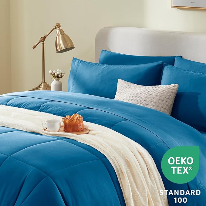CozyLux Queen Comforter Set Teal, 7 Pieces Bed in a Bag, Teal Comforter Queen Size, All Season Bedding Sets with Stitch Quilted Comforter, Flat Sheet, Fitted Sheet, Pillowcases