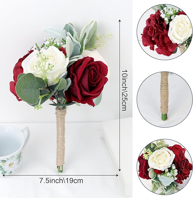 Artificial Flowers Bridesmaid Bouquets - Set of 4 Bridesmaid Bouquet Burgundy White Handmade Silk Floral Bouquet for Wedding Ceremony Anniversary, Bridal Shower, Home Table Decorations