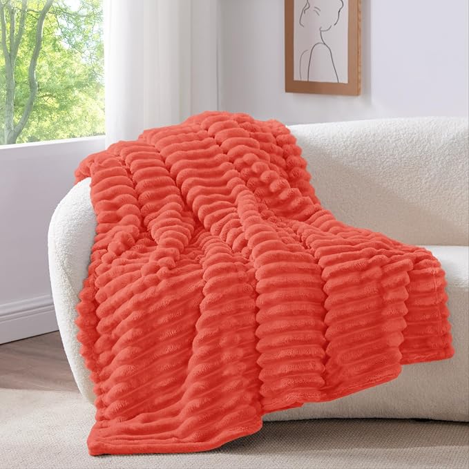 BEDELITE Striped Fleece Throw Blanket, Coral Red, Soft Cozy, Lightweight Warm - Image 2