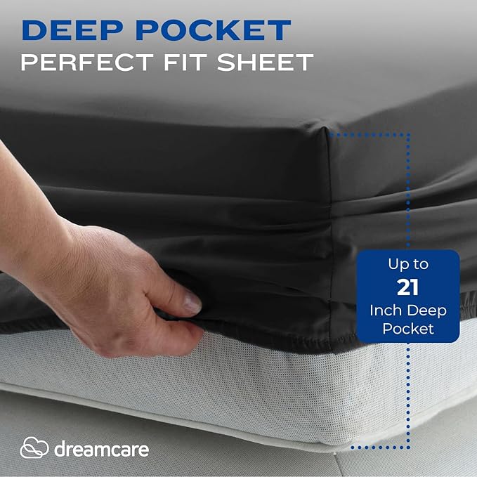 DREAMCARE Full Size Sheets – 4 pcs Cooling Sheets – up to 21” Deep Full Sheet Set – Hotel Luxury Pillowcases – Superior Softness 100% Fine Microfiber with Side Pocket – Gray