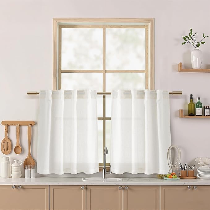 24 Inch Linen Curtains for Kitchen Beige White Small Window Semi Sheer Curtains by Nanspring