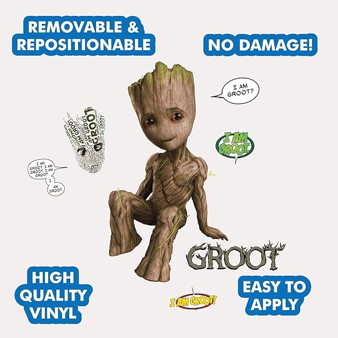 Wall Palz Marvel Guardians of The Galaxy Baby Groot Wall Decal - Peel and Stick Wall Stickers with 3D Augmented Reality Interaction - 21" Groot Stickers - Marvel Room Decor