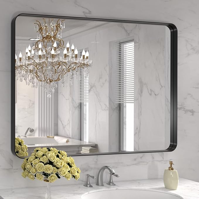 LOAAO 40X30 Inch Black Metal Framed Bathroom Mirror for Wall, Matte Black Bathroom Vanity Mirror Farmhouse, Large Rounded Rectangle Mirror, Anti-Rust, Tempered Glass, Hangs Horizontally or Vertically