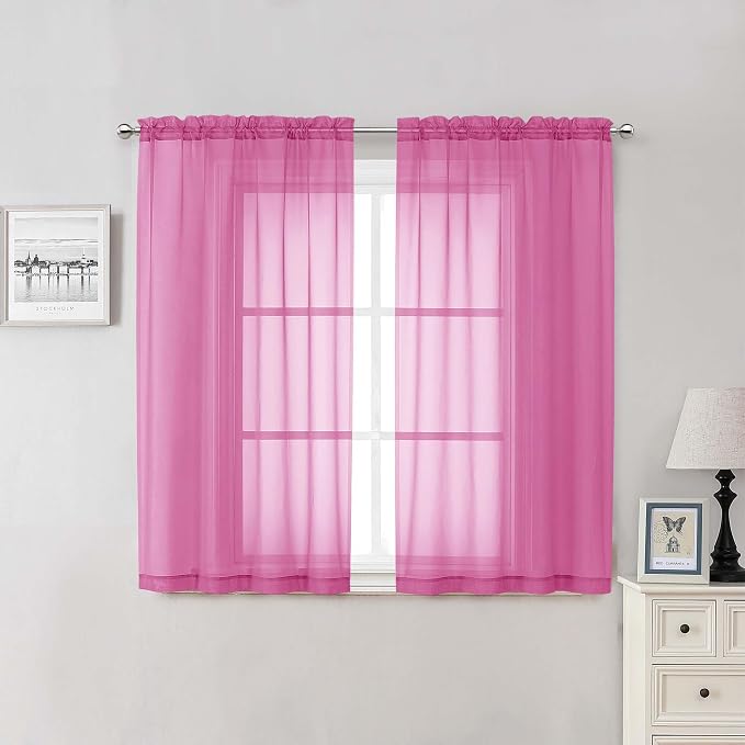 Hot Pink Sheer Curtains 54 Inch Length 2 Pcs, Solid Color Voile Modern by Lecloud