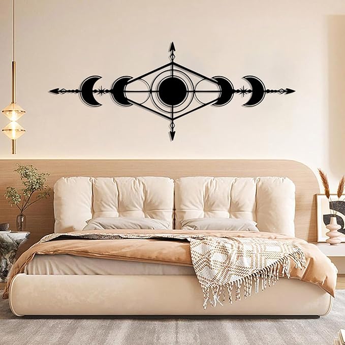 Hfrolixit Moon Phase Metal Wall Decor, Boho Moon Metal Wall Art, Celestial Wall Decor, Scandinavian Natural Wall Art, Astrology Wall Hanging (Silver, 41"x17"/105x42cm)