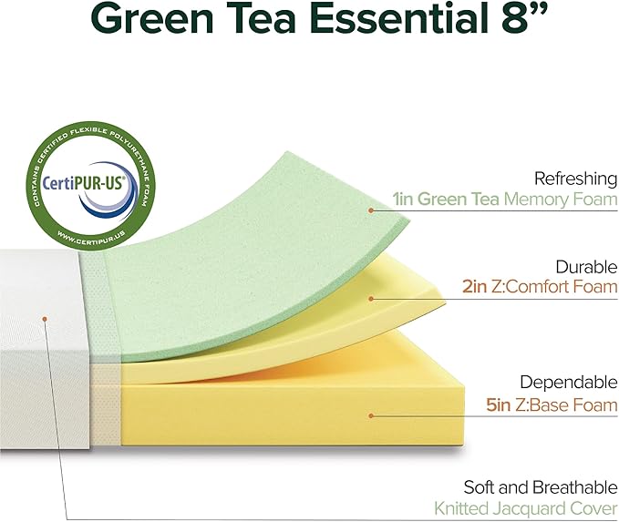 ZINUS 8 Inch Green Tea Essential Memory Foam Mattress, Twin, Mattress in A Box, Affordable Mattress, CertiPUR-US Certified