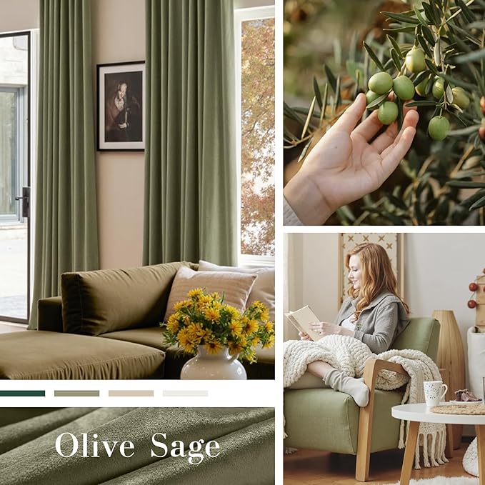 Lazzzy Velvet Blackout Curtains Thermal Insulated Room Window Drapes Super Soft Luxury Curtains for Living Room Bedroom Rod Pocket 2 Panels, Olive Sage, 42" W x 96" L