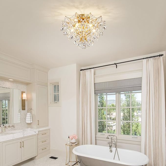 WUZUPS 5-Light Crystal Chandelier Flushmount Ceiling Light Modern Lighting Fixture for Bedroom Hallway Bar Kitchen Bathroom, H 12" W 15.4", E12 Base, Gold