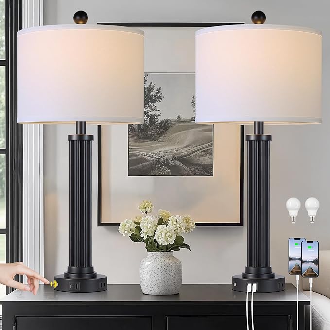 28" Tall Modern Table Lamps Set of 2 with USB C+A Ports and AC Outlet, 3 Way Touch Metal Bedside Lamps for Living Room, Black Nightstand Lamps for Bedroom