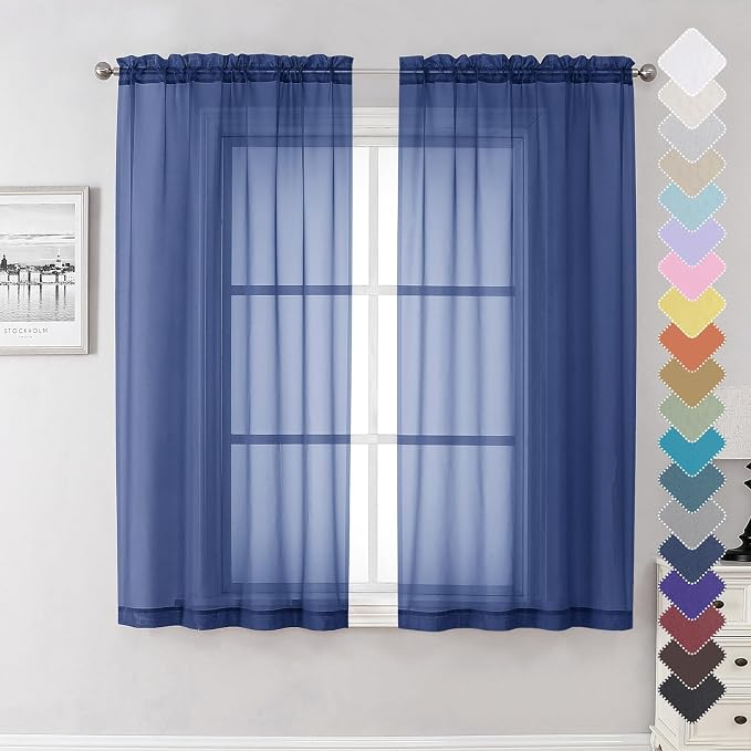 Royal Blue Sheer Curtains 63 Inch Length 2 Panels Set, Voile Solid Window by Lecloud