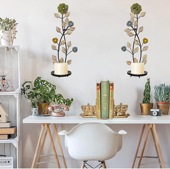 Wall Sconces Candle Holder Set of 2, Antique White Leaf and Flower Branch Wall Mount Hanging Metal Wall Candle Holder Candle Sconce for Living Room Dining Room