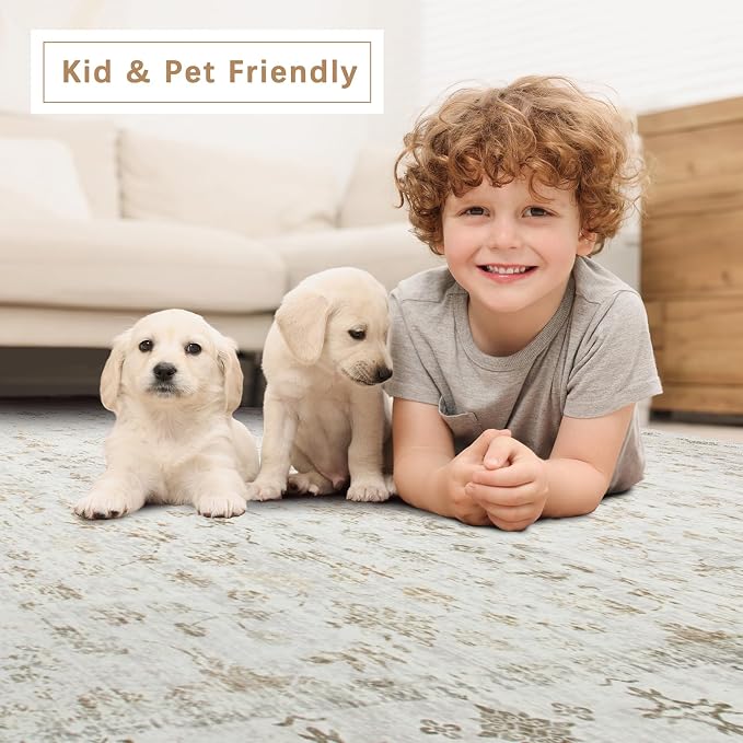 8x10 Washable Area Rugs for Living Room, Dining Room- Neutral Beige | Retro - Image 6