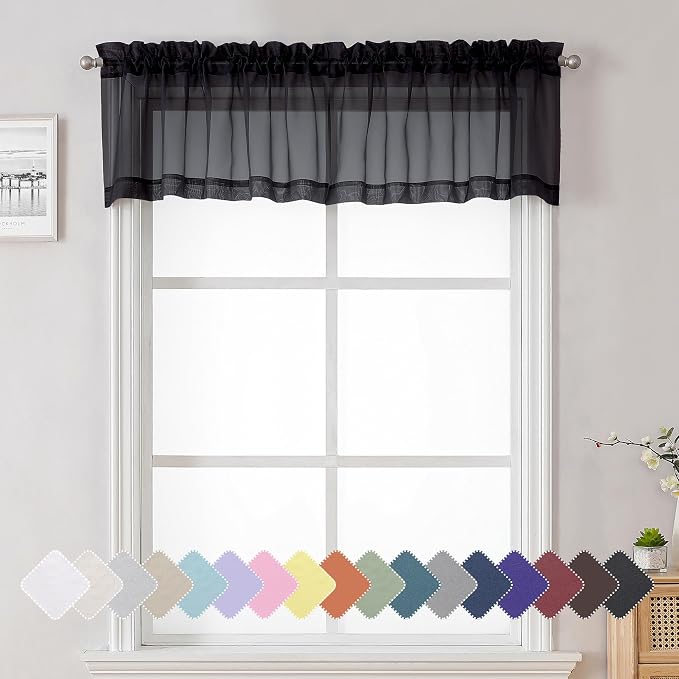 Black Sheer Valance for Windows 14 Inch Length 2 Pieces, Light Reducing Voile by Lecloud