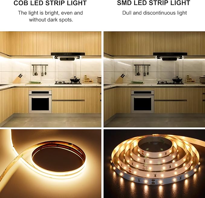 COB LED Strip Light Warm White, High Bright LED Lights with 2400LEDs, RF Remote and UL Power Supply, 2700K Dimmable LED Rope Lights for Mirror, Bedroom, Kitchen, DIY Home Decoration