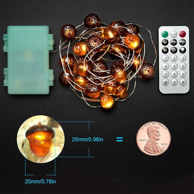 BOHON 3D Acorn Fall Decor Harvest String Lights Battery Powered with Remote and Timer 10ft 30 LEDs Thanksgiving Decorations for Christmas Party Autumn Tree Ornaments