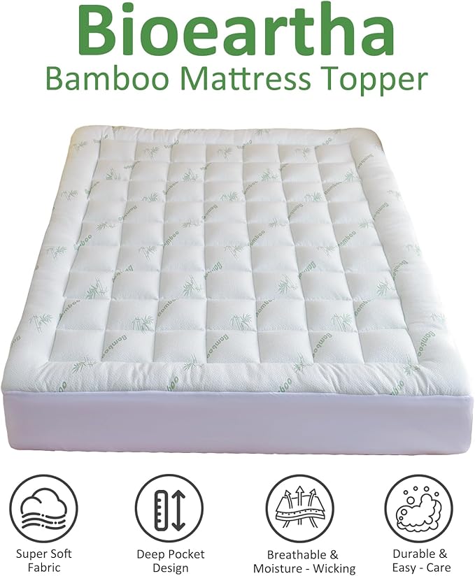 Bioeartha Cooling Mattress Topper Twin – Extra Soft Pillow Top Mattress Pad, Breathable Viscose Made from Bamboo Mattress Protector for Back Pain Relief, Deep Pocket Cover Fits 8–21 Inch