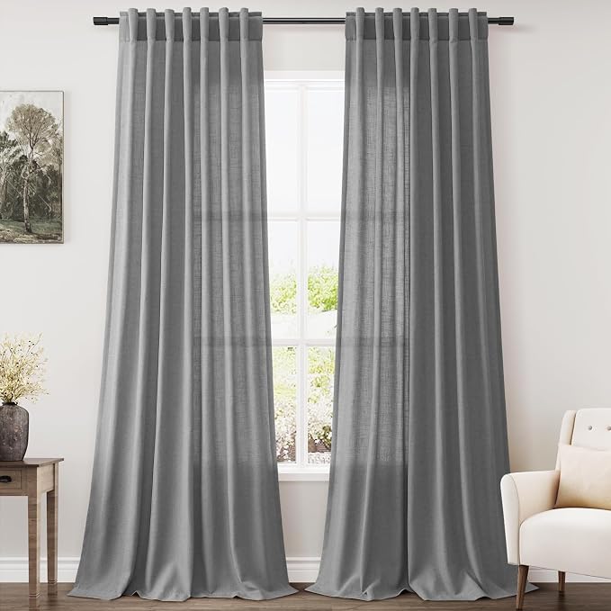 Dark Grey Linen Extra Long Curtain 108 Inches Long 2 Panels Set Back Tab Drapes by Nanspring