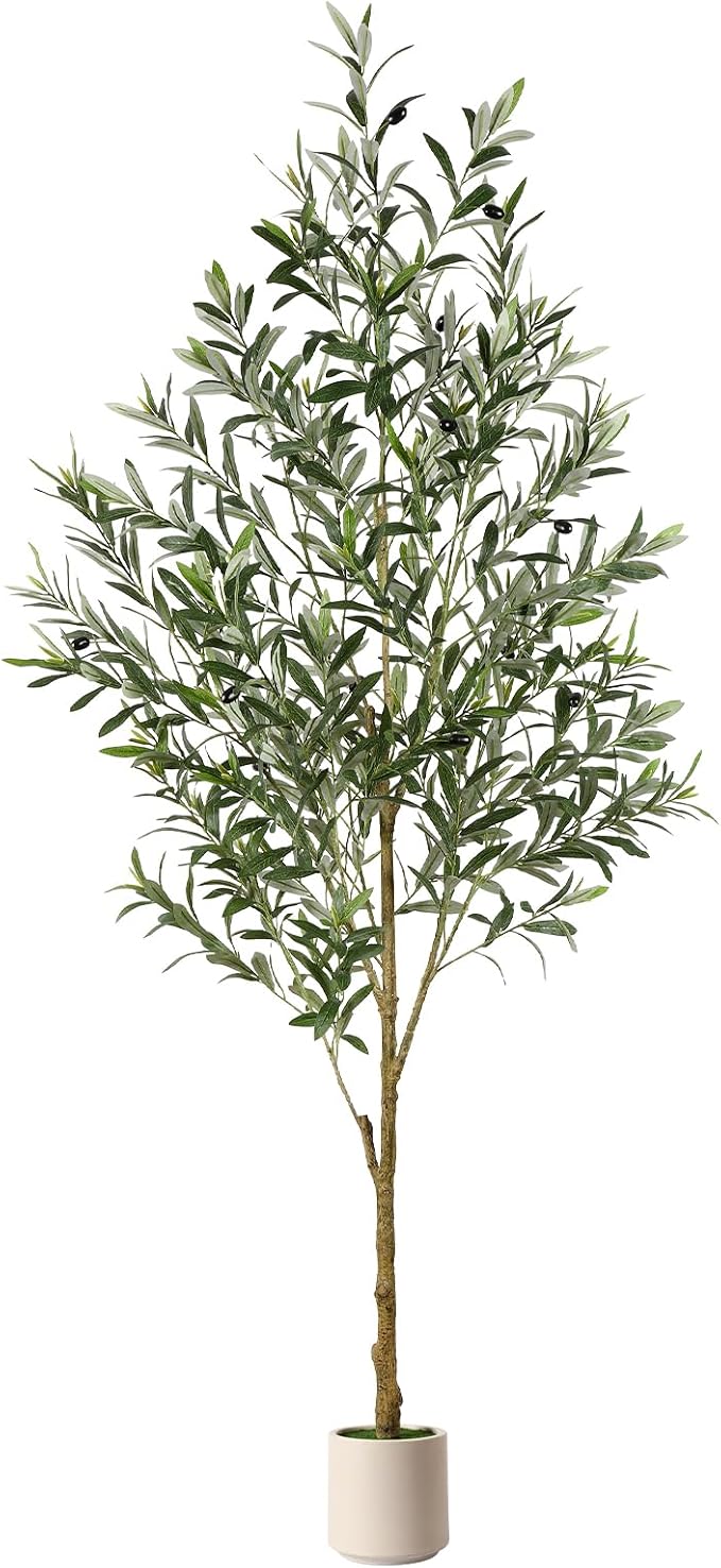 Alupssuc 6FT Artificial Olive Trees, Faux Silk Plant with Lively Artificial Trunk and Lifelike Fruits, Indoor Fake Potted Tree with White Planter for Modern Home Office Living Room Decor