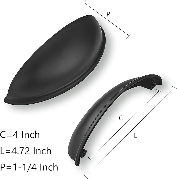 khtumeware 2 Pack 4" Drawer Pulls Matte Black Cabinet Cup Pulls Kitchen Hardware Cabinet Handles Drawer Handles Knobs 4 inch Hole Center