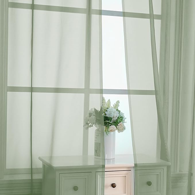 2 Pieces Sage Green Sheer Curtains 108" Length - Image 4