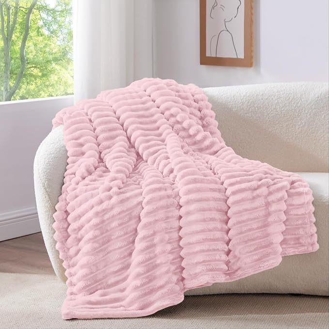 BEDELITE Striped Fleece Throw Blanket, Cherry Blossom, Soft Cozy, Lightweight - Image 2