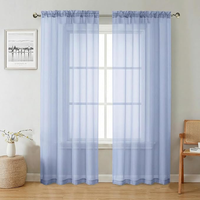 Denim Blue Sheer Curtains 72 Inches Long 2 Panels, Rod Pocket Light Filtering by Lecloud