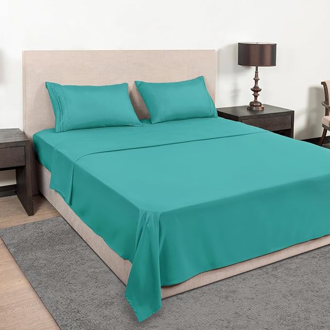 Mejoroom California King 1800 Thread Count Bed Sheets Set, Deep Pocket, Wrinkle & Fade Resistant, Hypoallergenic, 4Pcs Including Fitted & Flat Sheets, Teal