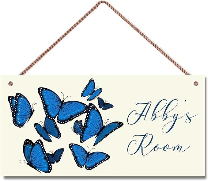 Personalized Blue Butterfly Sign Door Décor For Kids Room Custom Name Wall Art Decor, Nice Floral Nursery Art Plate For Girls Room Living Room Bedroom Greenhouse Garden