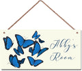 Personalized Blue Butterfly Sign Door Décor For Kids Room Custom Name Wall Art Decor, Nice Floral Nursery Art Plate For Girls Room Living Room Bedroom Greenhouse Garden