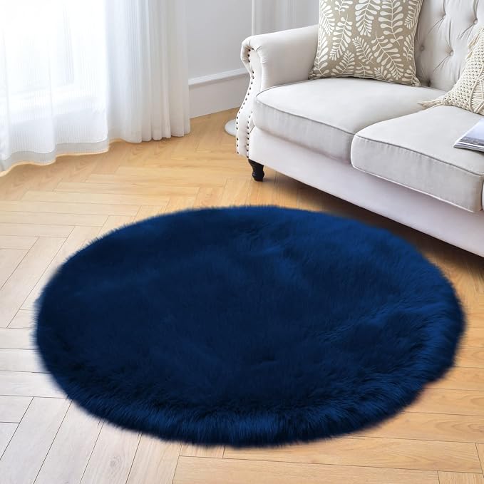 Navy Blue Faux Fur Sheepskin Round Rug 4x4 ft, Fluffy Shag Circle Rug | Shag - Image 6