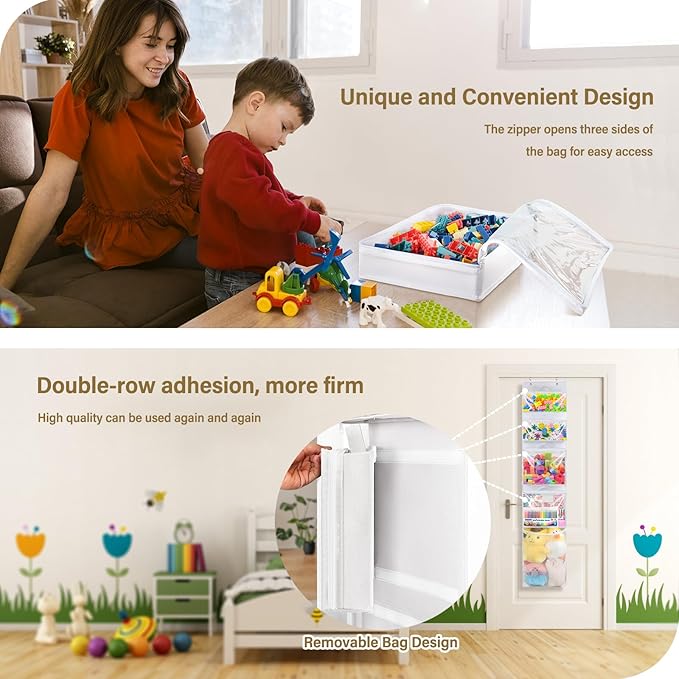 Hanging Toy Storage over Door, Block Stuffed Animal Organizer Idea with 4 Removable Case Bag, Bi-Fold Closet Holder with Mesh Pocket for Kid Boy Girl