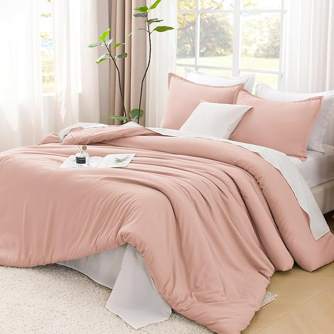 Litanika Comforters Blush Super King Plus Size, 3 Pieces Lightweight Solid Bedding Set & Collections, All Season Fluffy Bed Set (128x120In Comforter & 2 Pillowcases)