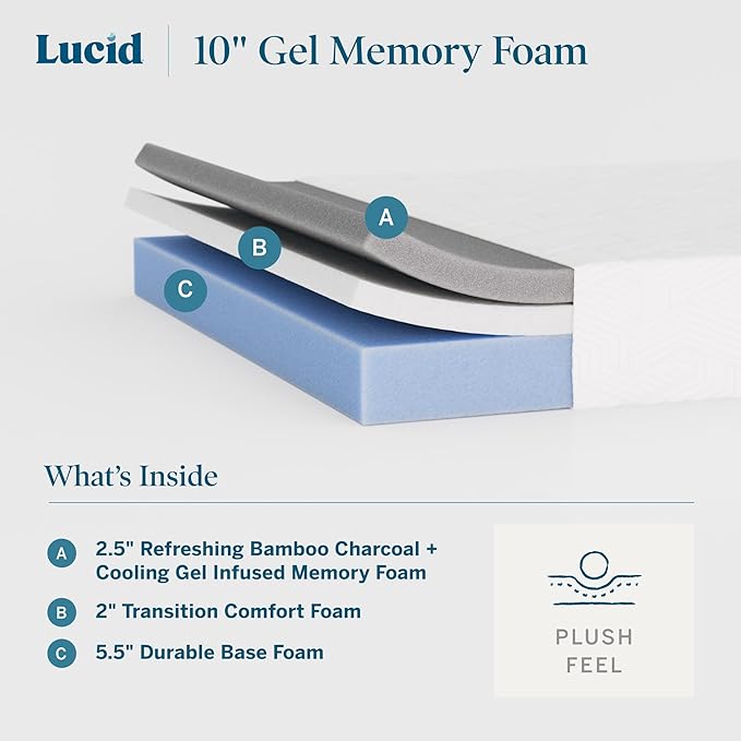 Lucid 10 Inch Memory Foam Mattress - Plush Feel - Infused with Refreshing Bamboo Charcoal and Cooling Gel - Bed in a Box - Temperature Regulating - Pressure Relief - Breathable - Twin Size