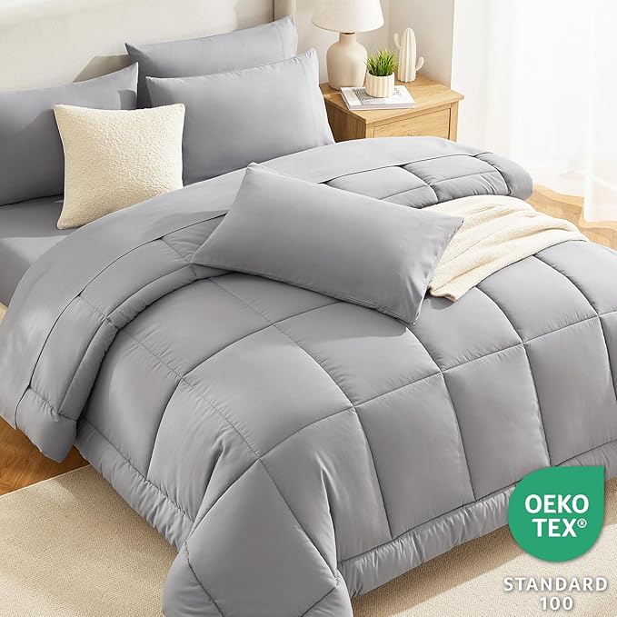 CozyLux King Size Comforter Set Grey, 7 Pieces Bed in a Bag, Gray Comforter King Size, All Season Bedding Sets with Stitch Quilted Comforter, Flat Sheet, Fitted Sheet, Pillowcases