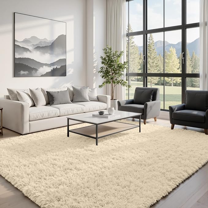 8x10 Fluffy Shag Area Rugs for Living Room Bedroom: Soft Plush Carpet Beige | by CarpetAddColortoYourLife