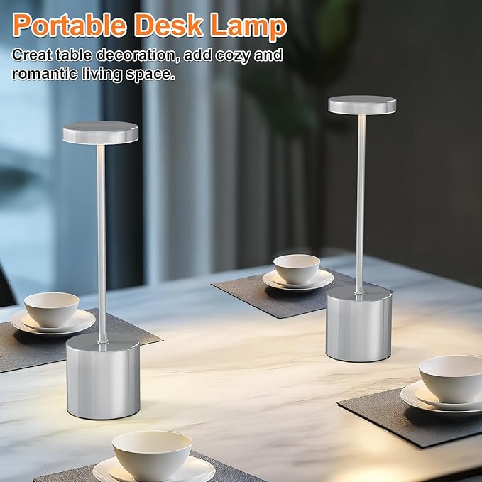 Cordless Table Lamp – 2 Pack Rechargeable Table Lamps, 5000mAh Battery Operated Lamp with 3-Color Dimmable Light, Outdoor Table Lamp for Bedroom, Restaurant, Patio, Home Décor (Silver)